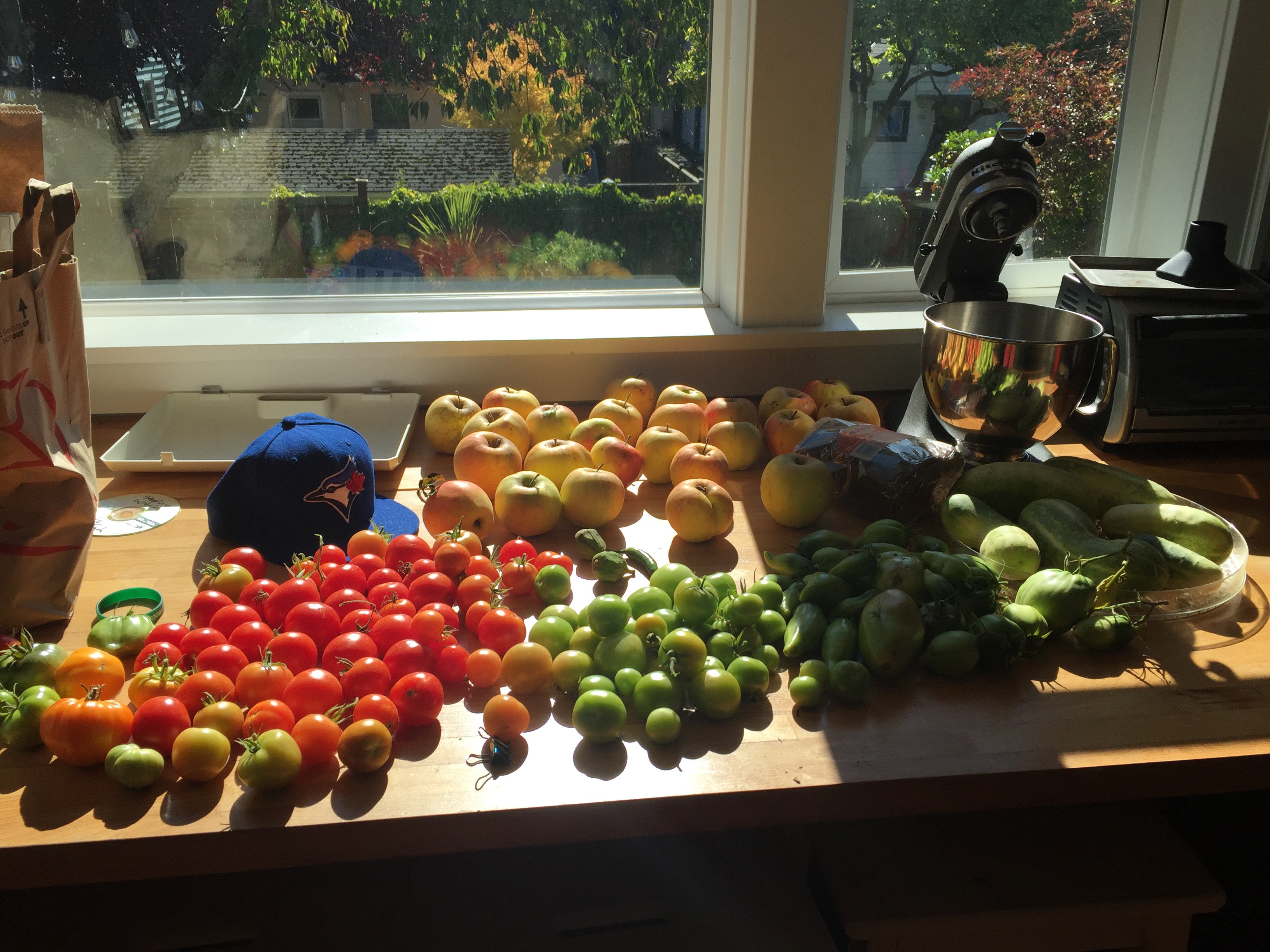 Produce and fruit spread across a wooden table by a sunlit window.