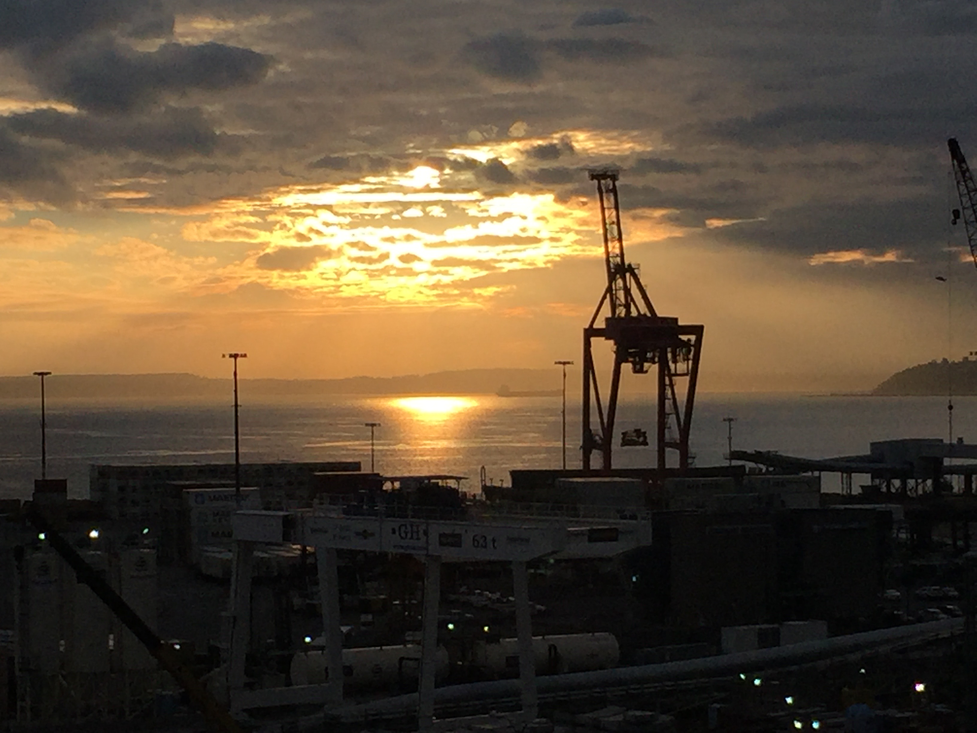 Sunset over water and cranes with golden light reflecting across the bay.